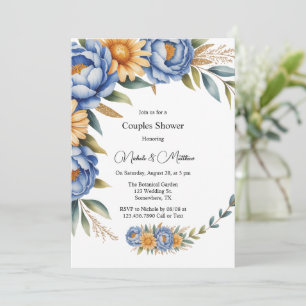 Invitación Peonia azul y duchas de parejas amarillas en piel 