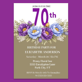 Invitación Peonía Azul y Púrpura Bonita Cumpleaños 70