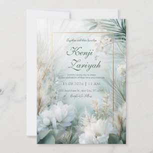 Invitación Peonía Blanca Dorada Hierba de Pampas Boda Tropica