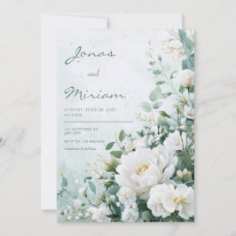 Invitación Peonía Blanca Verde Dorado Aquarela Boda