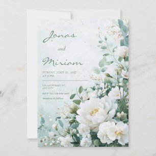 Invitación Peonía Blanca Verde Dorado Aquarela Boda