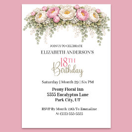 Invitación Peonía Bonito Rosa y Blanco Cumpleaños 18