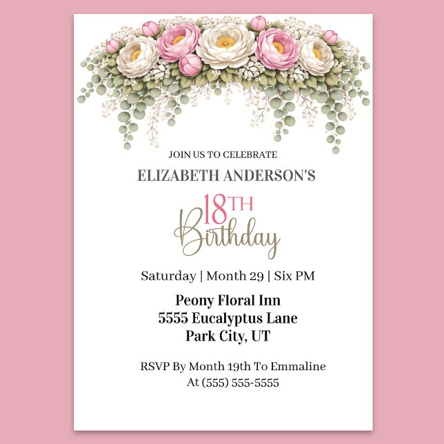Invitación Peonía Bonito Rosa y Blanco Cumpleaños 18 (Elegant pink peony floral 18th birthday invitation )