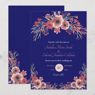 Invitación Peonía Coral Floral Moderno Boda Navy