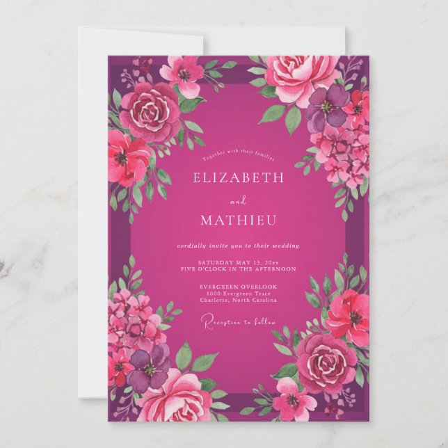 Invitación Peonía de Boda Magenta Fucsia (Anverso)