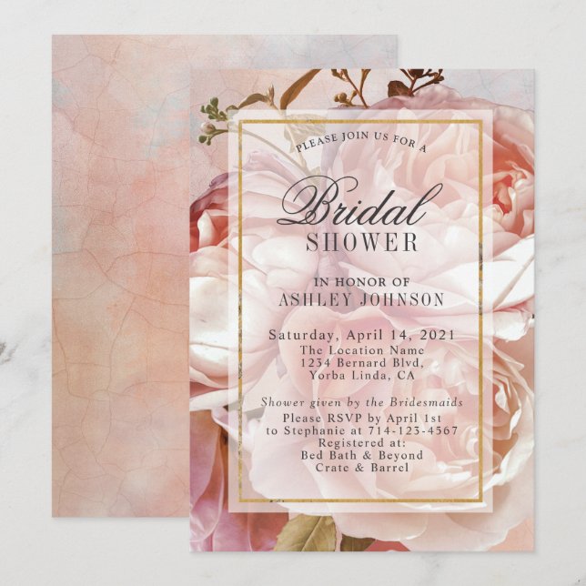 Invitación PEONÍA FLORAL BOTÁNICA | Bridal Shower (Anverso / Reverso)