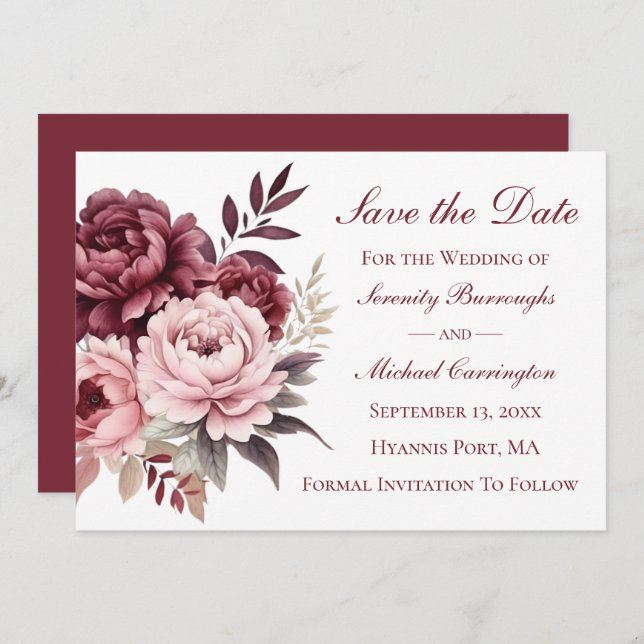 Invitación Peonía Floral Rosa Burdeos Save the Date Boda (Anverso / Reverso)