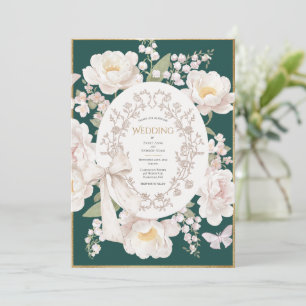 Invitación Peonía Floral Vintage Elegante Caza Verde Boda