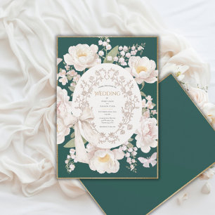 Invitación Peonía Floral Vintage Elegante Caza Verde Boda