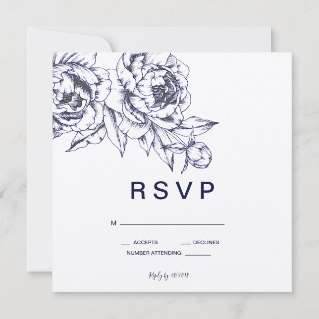 Invitación Peonía Navy RSVP Simple (Anverso)