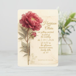 Invitación Peonía Roja Elegante Romántico Vintage Boda