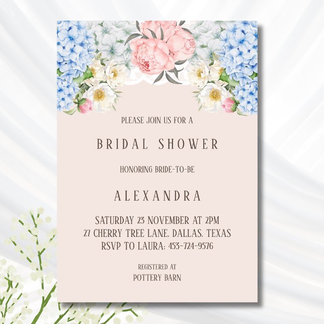 Invitación Peonia rosa Azul romántico Hydrangea Ducha de novi (Subido por el creador)