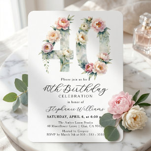 Invitación Peonía Rosa Claro Acuarela Vintage Cumpleaños 40