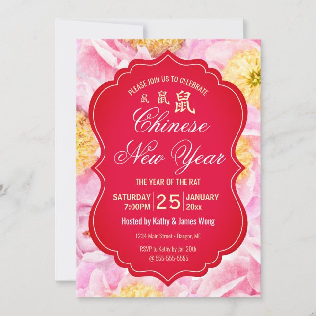 Invitación Peonía rosa de Año Nuevo chino con flores (Anverso)