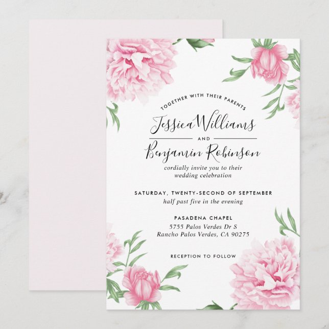 Invitación Peonía rosa floral con Boda de fondo blanco (Anverso / Reverso)