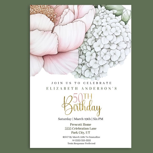 Invitación Peonía Rosa Sonrojo Cumpleaños 50 (Subido por el creador)