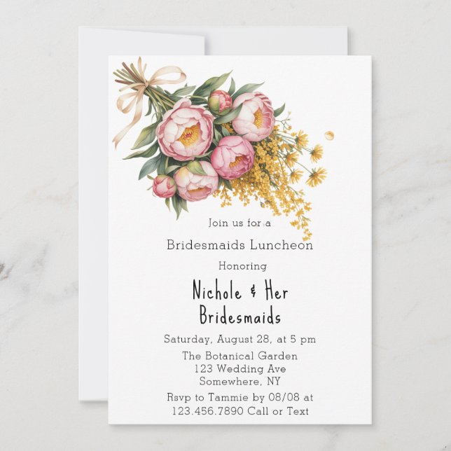Invitación Peonia rosa y Bridesmaids Amarilla Floral Luncheon (Anverso)
