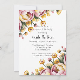 Invitación Peonia rosa y brunch floral amarillo y burbuja