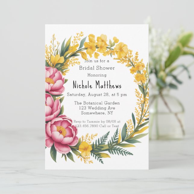 Invitación Peonia rosa y ducha de novia floral amarilla (Anverso de pie)