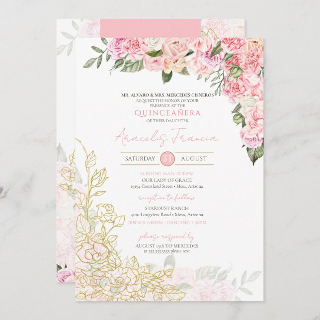 Invitación Peonia rosa y quinceanera floral de oro Quince Ano (Anverso / Reverso)