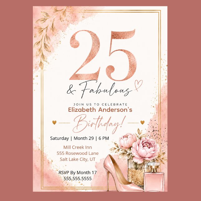 Invitación Peonía y perfume Fabuloso 25 cumpleaños (Elegant 25th birthday invitation with blush pink watercolor, rose gold glitter, and peony flowers,)