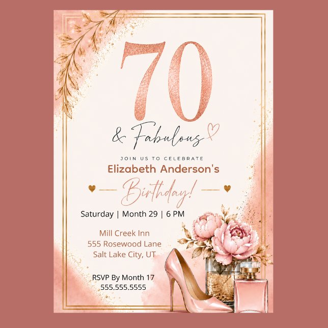 Invitación Peonía y perfume: Fabuloso 70 cumpleaños (Elegant 70th birthday invitation with blush pink watercolor, rose gold glitter, and peony flowers,)