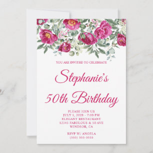 Invitación Peonías acuarela rosa caliente Cumpleaños 50