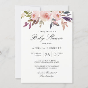 Invitación Peonías acuarela rosa morado baby shower
