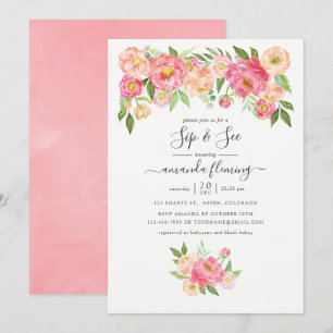 Invitación Peonías acuarela rosa pastel Sip and See
