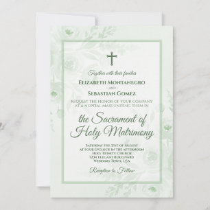 Invitación Peonías Acuarela Verde Salvia Boda Católica