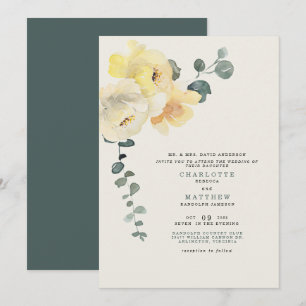 Invitación Peonías Amarillas Bodas de Novia Padres Teal y Cre