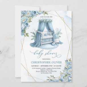 Invitación peonías azules polvorientos bebé cuna de oro chico
