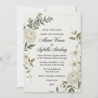Invitación Peonías Blancas, Flores de Clemátide, Follaje Colg