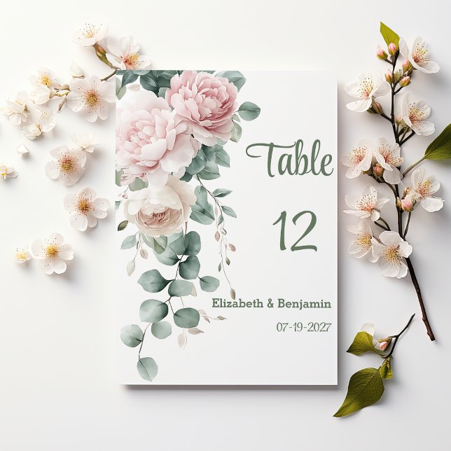 Invitación peonías de garland rosadas eucalipto hojas números (Pink garland peonies eucalyptus leaf Table Numbers )