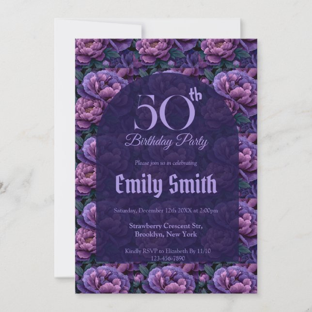 Invitación Peonías de Moda para Fiesta de Cumpleaños (Anverso)