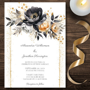 Invitación Peonias de oro y negro con Boda de efecto Purpurin