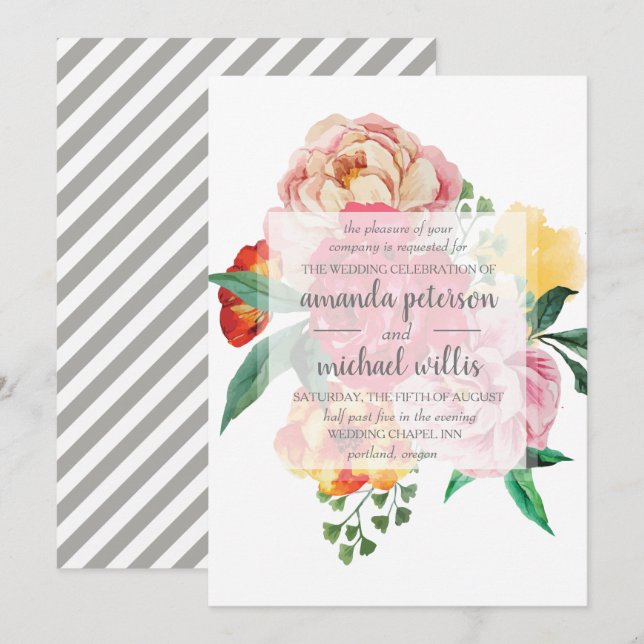 Invitación peonías de primavera elegantes y boda de flores (Anverso / Reverso)