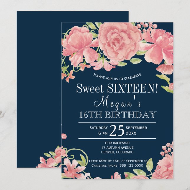 Invitación peonías de rubor floral de moda sobre dulce marino (Anverso / Reverso)