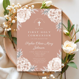Invitación Peonías Florales Cruz Comunión Santa Religiosa