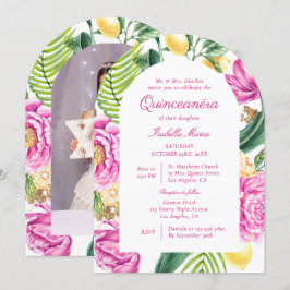 Invitación Peonías florales en acuarela Quinceañera con foto 