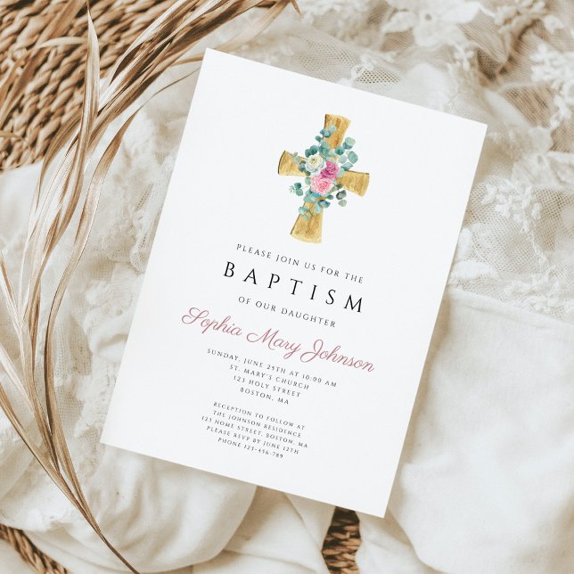 Invitación Peonias florales rosas cruzan el bautismo (Pink Floral Peonies Cross Baptism Invitation)