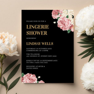 Invitación Peonías florales y Rosas en ducha de lencería negr