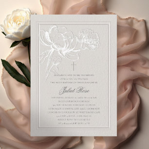 Invitación Peonías Marco Elegante Cruz Moderno Ecru Bautizo