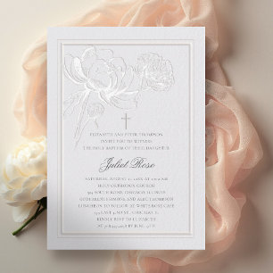Invitación Peonías Marco Elegante Marfil Cruz Moderno Bautizo
