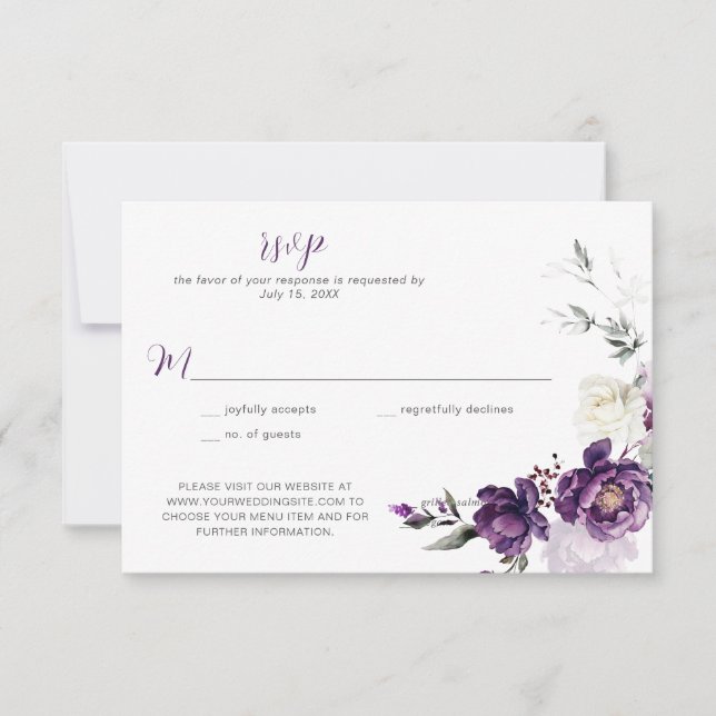 Invitación Peonías Moradas Florales Descargables para Confirm (Anverso)
