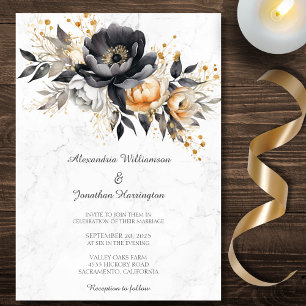 Invitación Peonías negras y doradas sobre boda de mármol