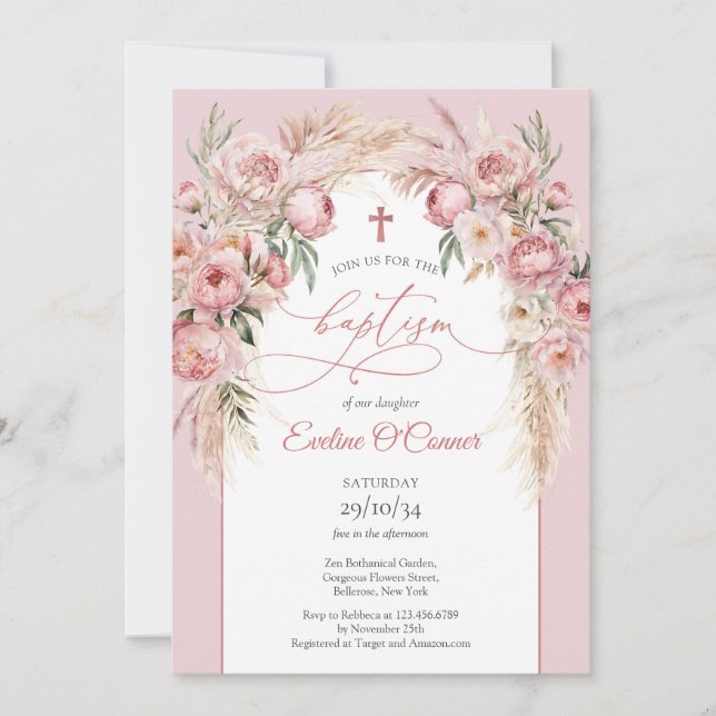 Invitación peonías pampas pampas pink blando pastel Baptismo (Anverso)