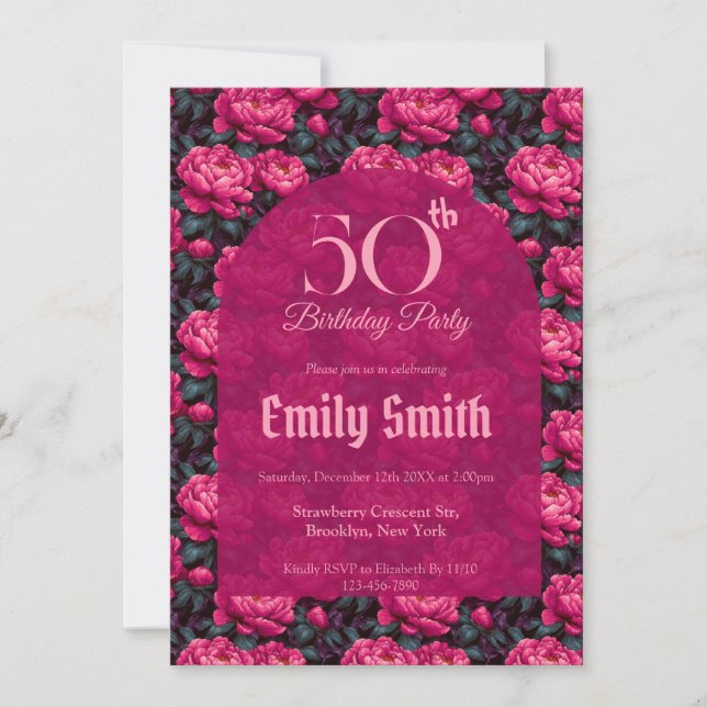 Invitación Peonías personalizadas tema cumpleaños 90 (Anverso)