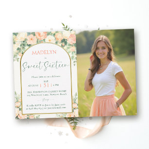 Invitación Peonías Rosa Melocotón Elegante Arco Foto Dulces 1