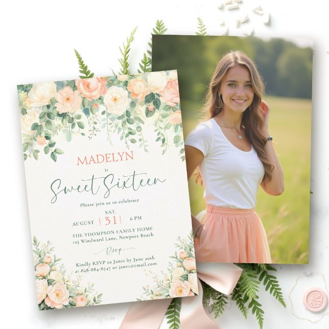 Invitación Peonías Rosa Melocotón Script Elegante Foto Sweet  (sweet sixteen birthday invitation peony floral peach pink green script elegant classy photo)